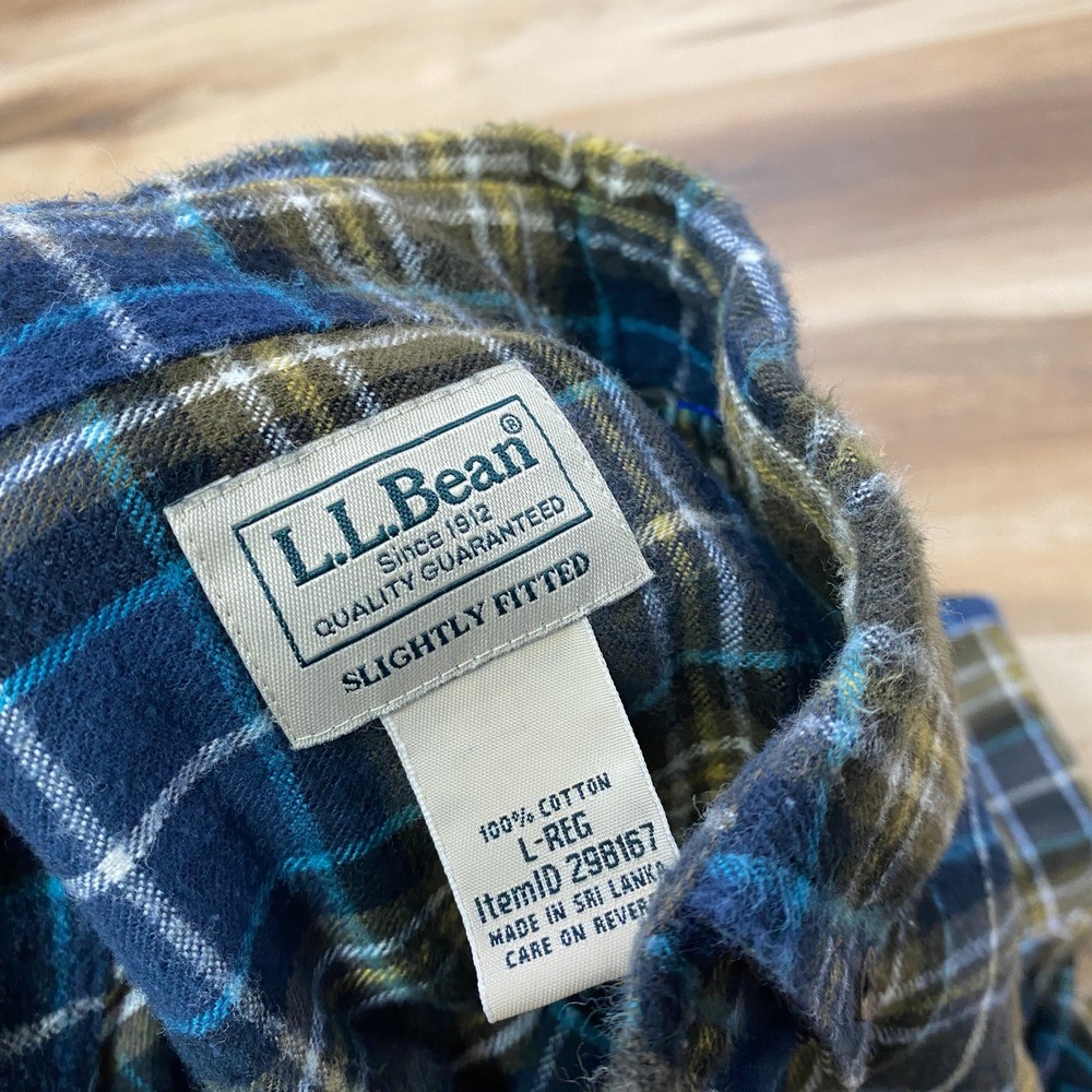 LL Bean Flannel Shirt Large L-Reg Scotch Plaid Cotton Slightly Fitted Blue Green - Picture 2 of 7
